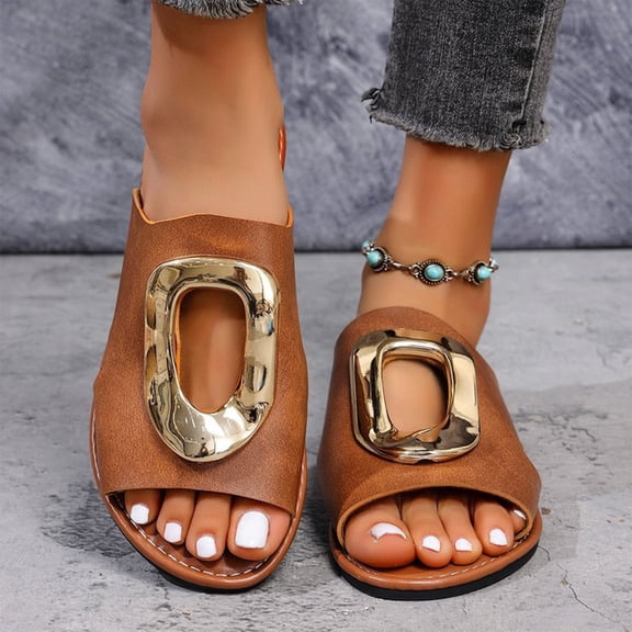Wide Width Shoes for Women, Leather Sandals for Women, Women Flat Sandals, Women's Gold Flip Flops Summer Sandals 2026 Wedding Dressy Vacation Beach Open Toe Slides Shoes, Light Brown 5.5