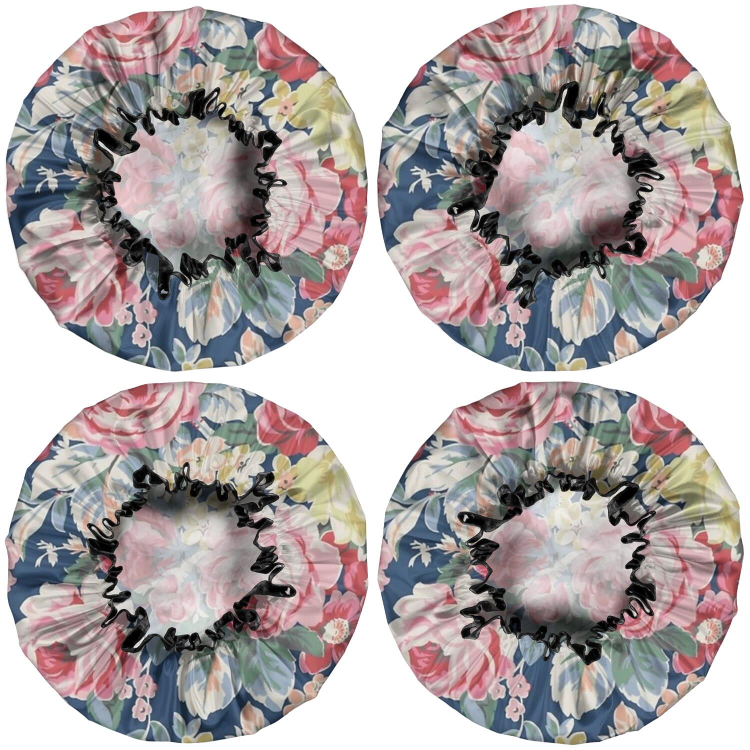 Shower Caps,Pioneer Flower Floral Print Pattern Waterproof Shower Cap for Women 4 Pieces,Double Reusable Hair Cover for Shower PEVA Elastic Stretch Hem