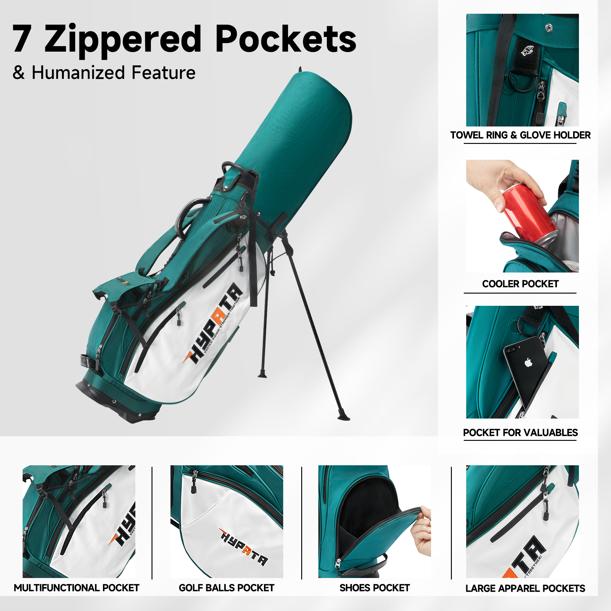 SKOK 14-Slot Stand Golf Bag with Waterproof Fabric and 8 Pockets, PU Leather, Dark Green