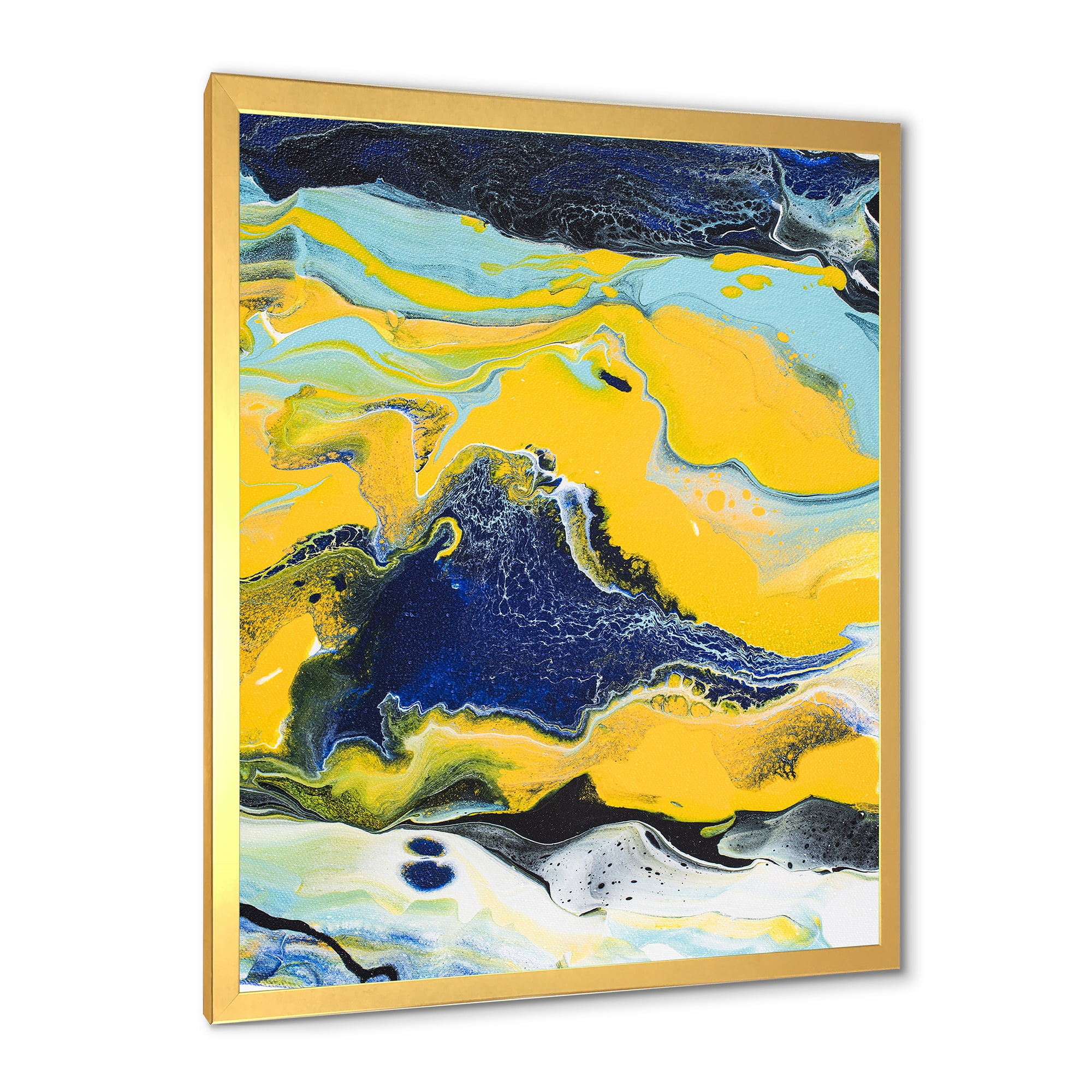 Designart 'Abstract Marble Composition In Blue and Yellow I' Modern Framed Art Print