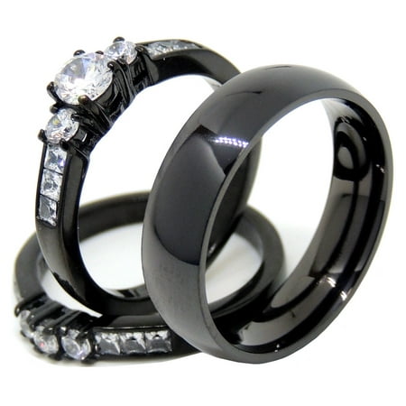 Couples Rings Black Set Womens 3 Stone Small Round CZ Engagement Ring Mens Traditional Wedding Band - Size