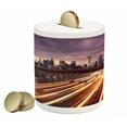thumbnail image 1 of City Piggy Bank, Brooklyn Bridge at Night Car Traffic in New York United States Transport, Ceramic Coin Bank Money Box for Cash Saving, 3.6" X 3.2", Lilac Dark Orange Yellow, by Ambesonne, 1 of 4