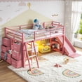 thumbnail image 3 of Leumius Twin Size Metal Loft Bed with Slide & Ladder, Metal Loft Bed with Storage Drawers and Hanging Area, LED Lights,Pink, 3 of 17