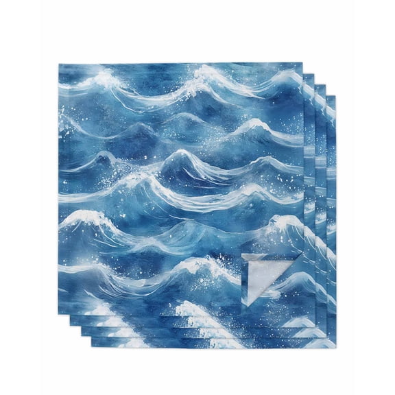 nqOlkjepod Coastal Waves Cloth Napkins Set of 4 Reusable Dinner Napkins, Summer Beach Ocean Nautical Watercolor Cocktail Napkin Washable Table Napkins for Wedding/Holiday Party/Baby Shower 20"x20"