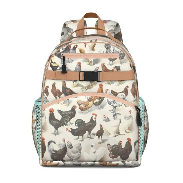 Retro Minimalist Chicken Backpack Cute Chick and Rooster Pattern with Rustic Country Farmhouse Style