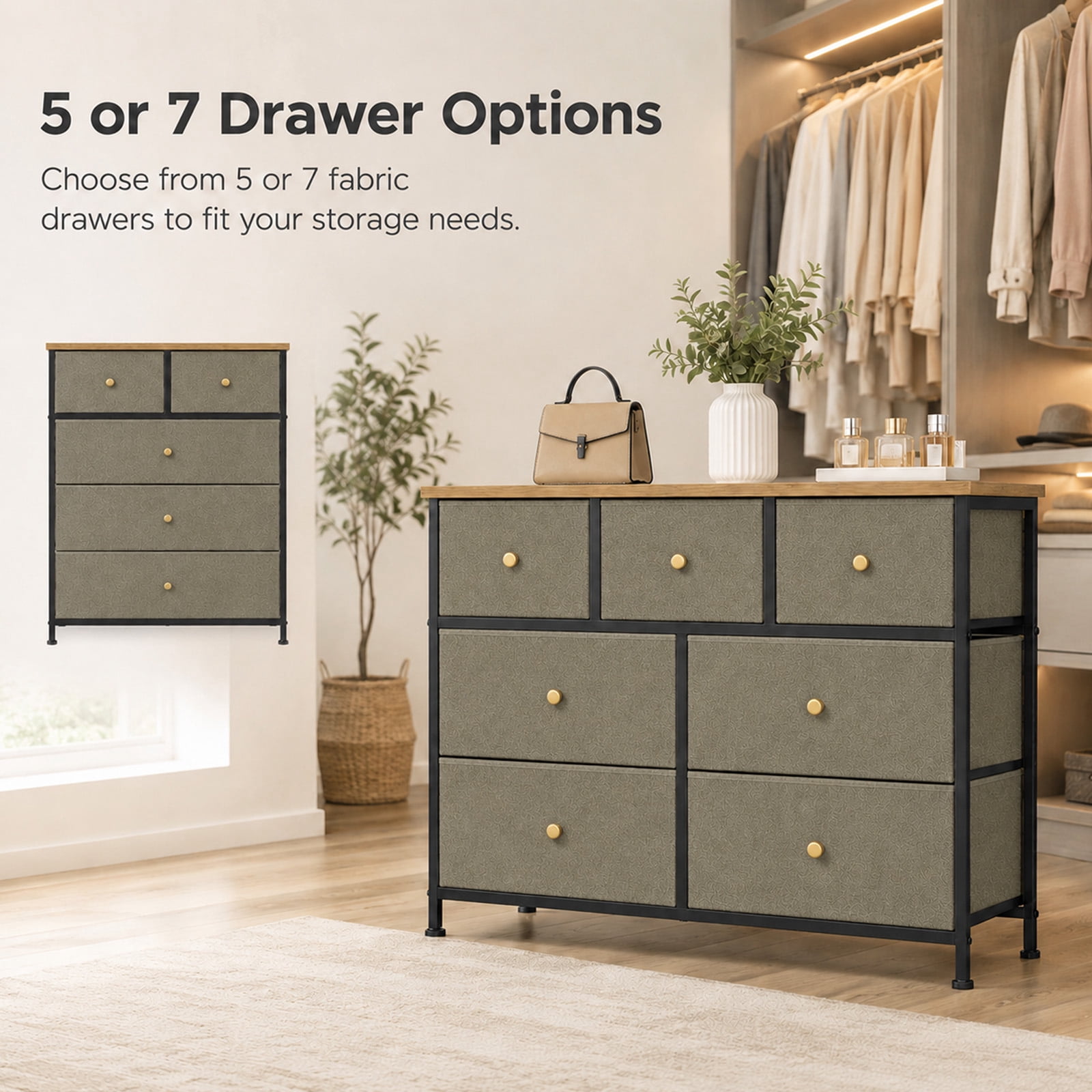 Alvantor 5/7 Drawer Fabric Dresser, Storage Tower for Bedroom and Closet, Chest of Drawers with Sturdy Steel Frame & Wooden Top for Living Room, Entryway