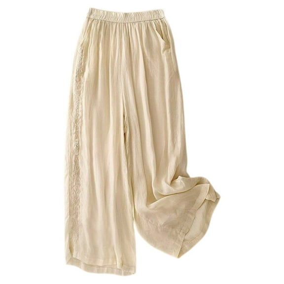 Womens Plus Size Pants Embroidered VintageLoose Soft Casual Trousers Elegant Breathable Lightweight Pant Beige L