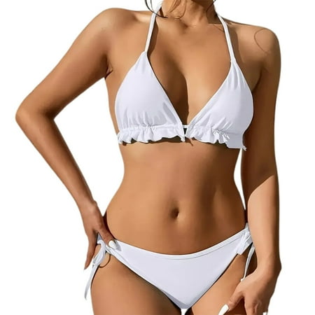 JIANJIA Womens Swimsuits Solid Color Sexy Backless Lace Up Halter Brassiere With Thongs Swimsuit Skirt Three Piece Bikinis Swimwears Activewear White S