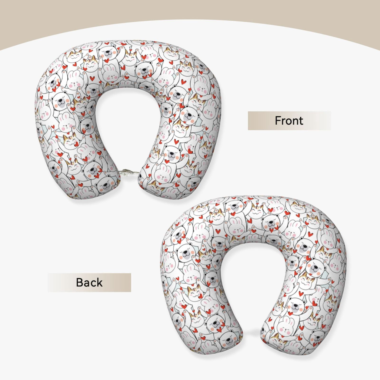 Xecao Cat Bear Rabbit Print Memory Foam Cervical Neck Pillow Versatile U-Shaped Pillows for Home,Office,Camping,Travelling,Soft Washable Cover