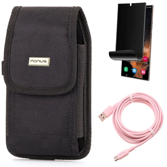 Privacy Screen Protector & Case Belt Clip & 10ft Long USB-C Cable for Samsung Galaxy S22 Ultra (6.8") - Combo TPU Film (Fingerprint) Anti-Peep & Swivel Holster Rugged & Pink Charger Cord Power Wire