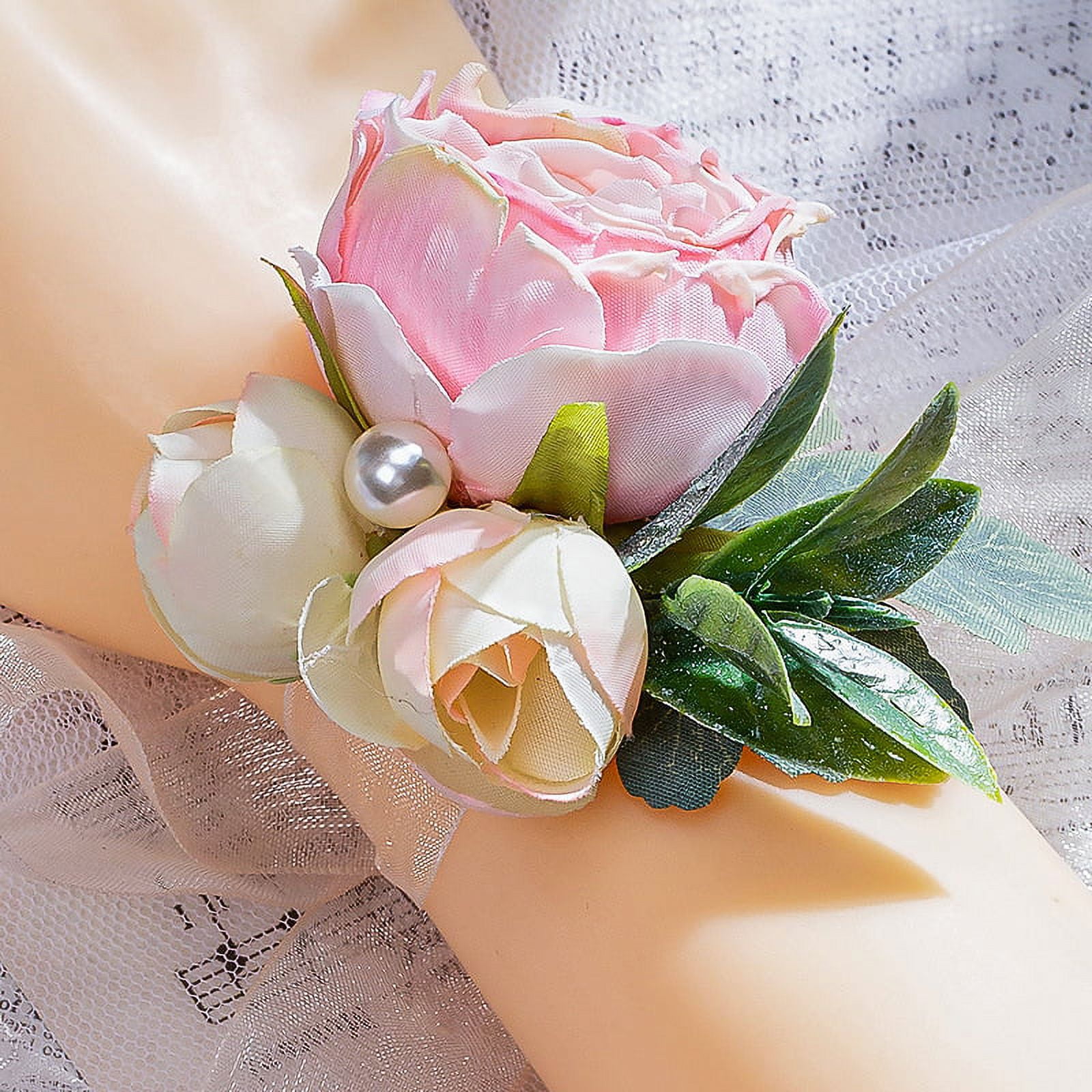 Eqwljwe Rose Pearl Wrist Corsages Wristband Hand Flowers for Wedding Bridesmaid Bridal Shower Prom Party Wrist Flower Stretchable Wedding Bracelet Crystal