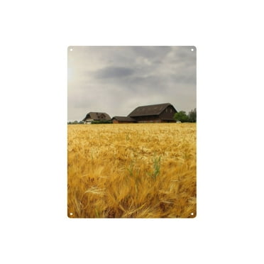 12x16 Inch Wooden Landscape Painting - Rustic Barn in Golden Wheat Field, Farmhouse Wall Art for Home Decor, Living Room, Kitchen