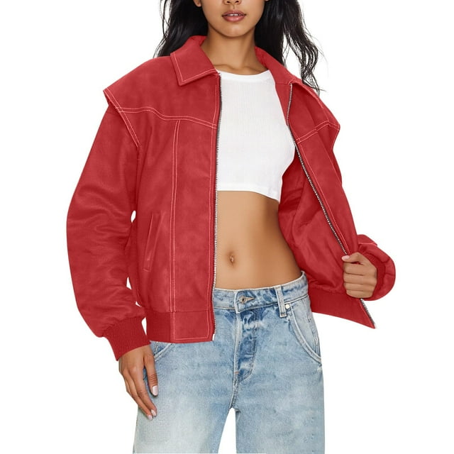 Veste en Cuir pour Femme, Veste Mode Décontractée Vintage Surdimensionnée avec Poches Fonctionnelles, Veste pour Femme