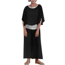 Vacation Outfits for Women Summer Lounge Sets 2 Piece Sequins Splice Oversized Set 3/4 Sleeve Tops and Wide Leg Capri Pant Set
