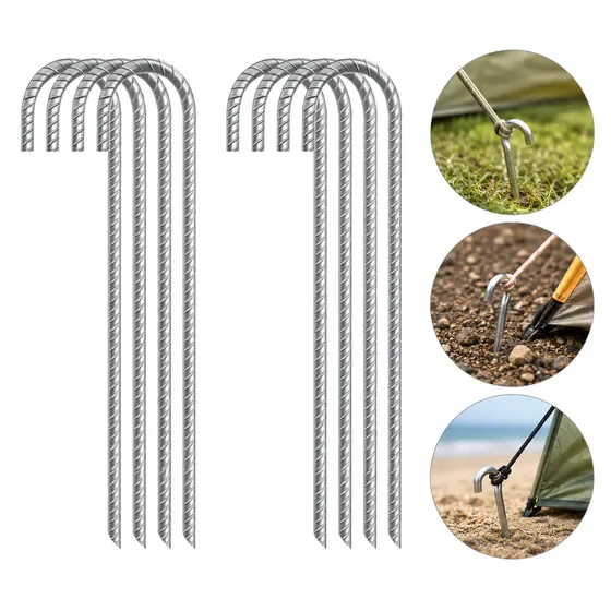 8 Pack Heavy Duty Galvanized Steel Ground Anchors, Rust Proof J Hook Rebar Stakes for Tent Trampoline Outdoor Camping