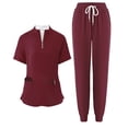 thumbnail image 2 of Minjewel Women's Half Zip High Neck Short Sleeve Scrubs for Women Set with Pockets, Modern & Comfortable Scrub Set for Medical Staff,Wine S, 2 of 8