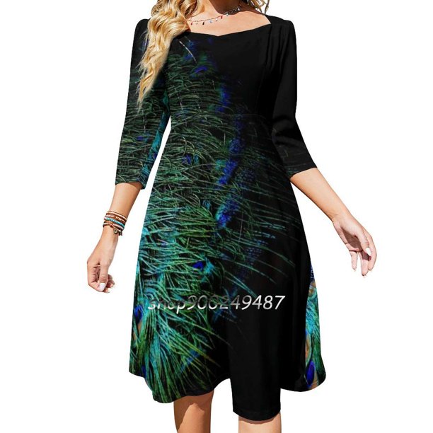 Vestido elegante dulce con plumas de pavo real para mujer, vestido coreano kawaii con cuello cuadrado, plumas de pavo real, detalles de cerca, pájaro