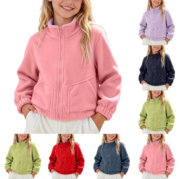 Girls Solid-Color Warm Fleece Jacket Full Zip Coats Warm Winter Patchwork Jackets with Pocket Size 3-14