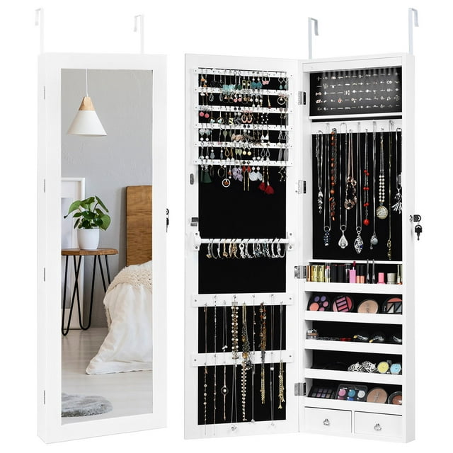 Espejo Joyero Costway con LED luces armario para joyas con Bloqueo 2 Cajones 5 Estantes 29 ganchos 37 x 8,5 x 120 cm Blanco Morden