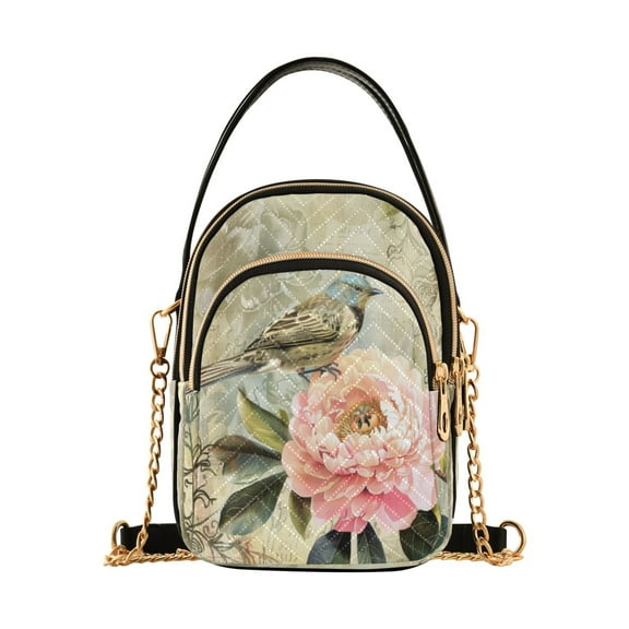 ALAZA Chain Crossbody Bags for Women Bird on Retro Peony Flower Shoulder Handbag Phone Purse