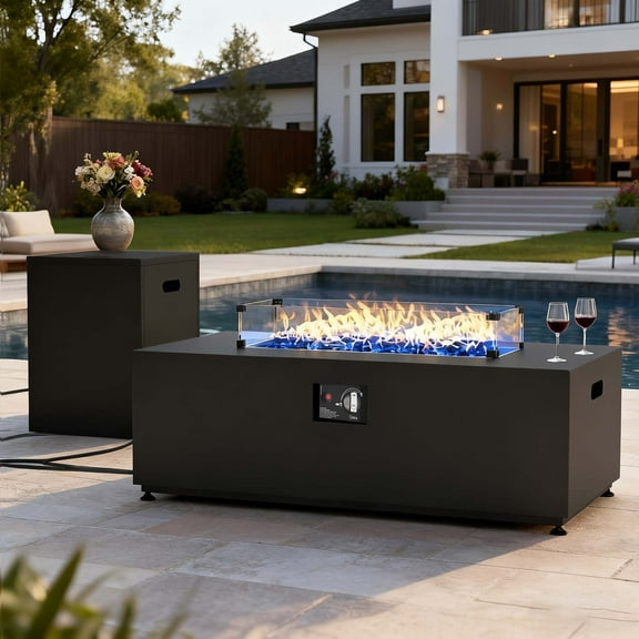 LayinSun 42 Inch Outdoor Fire Pit Table for Outside Patio, 55000BTU Rectangle Propane Firepit with Hidden Fuel Tank, Glass Wind Guard, Waterproof Cover and Lid