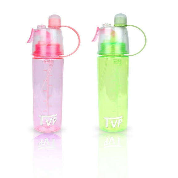 TVP Back to School time Mist n' sip fun Water Bottle for Kids with spraying Nozzel and 100% BPA Free, 20oz (Pink, Green)