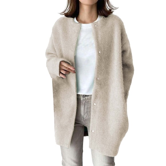 DondPO Cardigan Sweaters for Women Women's Korean Wool Coat Trench Long Coat Fall Winter Round Neck Straight Mid Long Wool Overcoat Sweaters for Women Womens Cardigans Sweaters Beige XL Clearance!