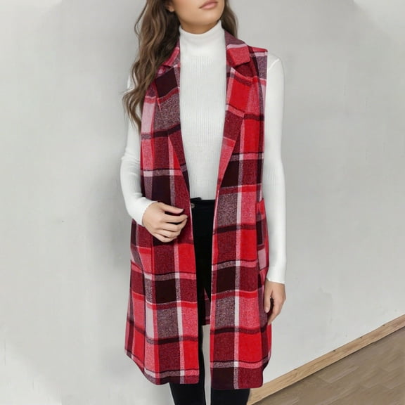 Fanxing Plaid Vest for Women Fall Cozy Lapel Neck Button Down Long Vests Oversized Sleeveless Flannel Shacket Casual Waistcoat Red S