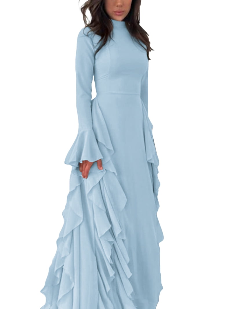 Women'S Bodycon Dresses Elegant Bell Sleeve Ruffle Hem Cocktail Party Long Dress Blue L