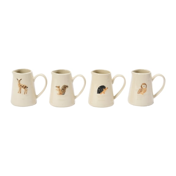 Creative Co-Op Ceramic Pitchers with Hand-Painted and Embossed Forest Animals, Set of 4 Styles