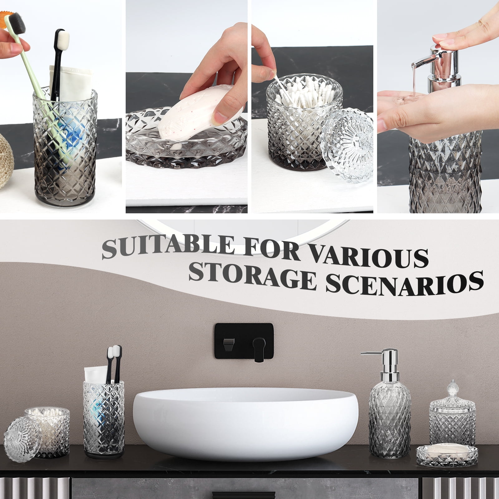 Bathroom Soap Dispenser Set, 5-Piece Glass Bathroom Accessories, Modern Bathroom Decor, Bathroom Glass Accessories Set, Gradient Light Gray