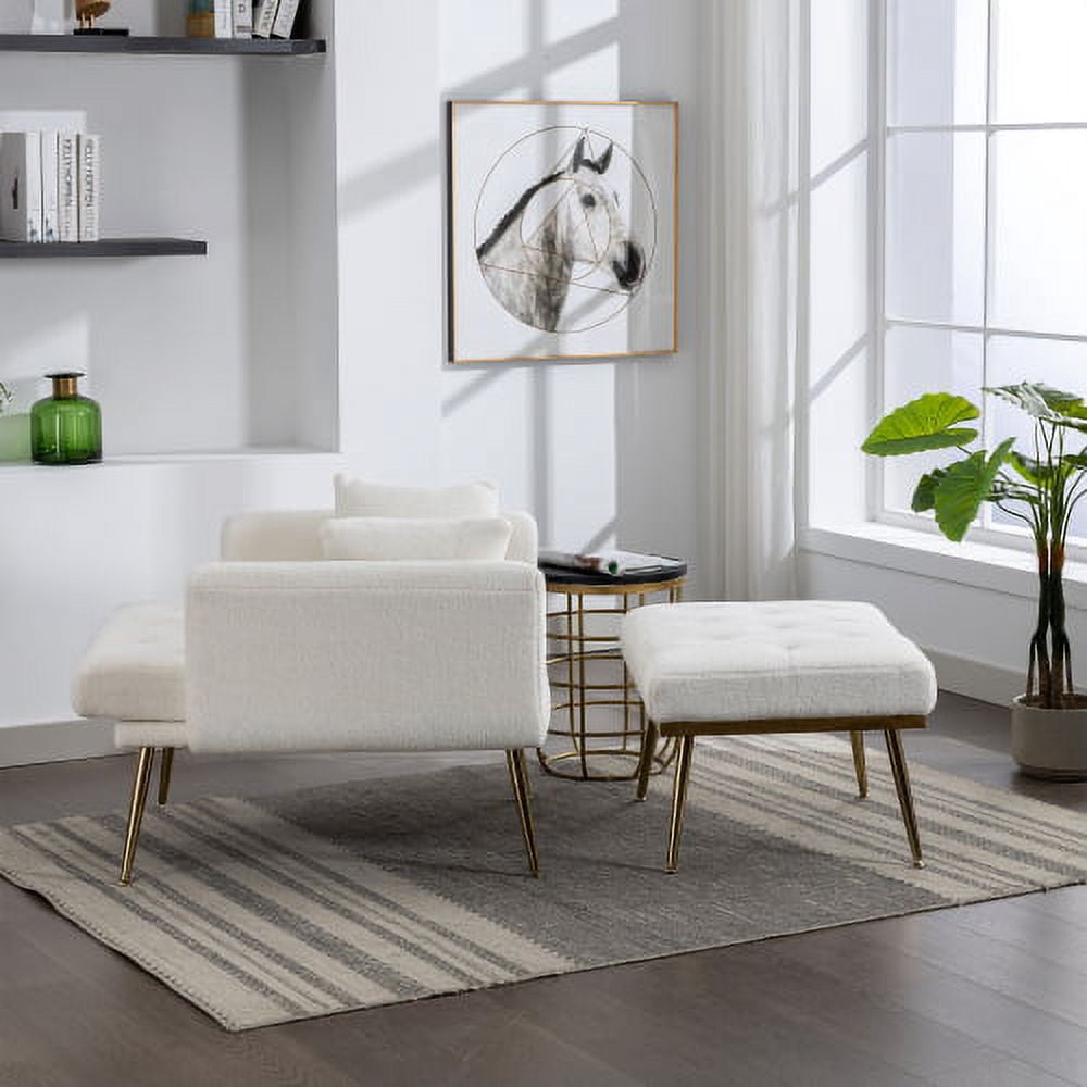 BSHTI 36.61'' Wide Modern Accent Chair With 3 Positions Adjustable Backrest, Tufted Chaise Lounge Chair, Single Recliner Armchair With Ottoman And Gold Legs For Living Room, Bedroom (White)