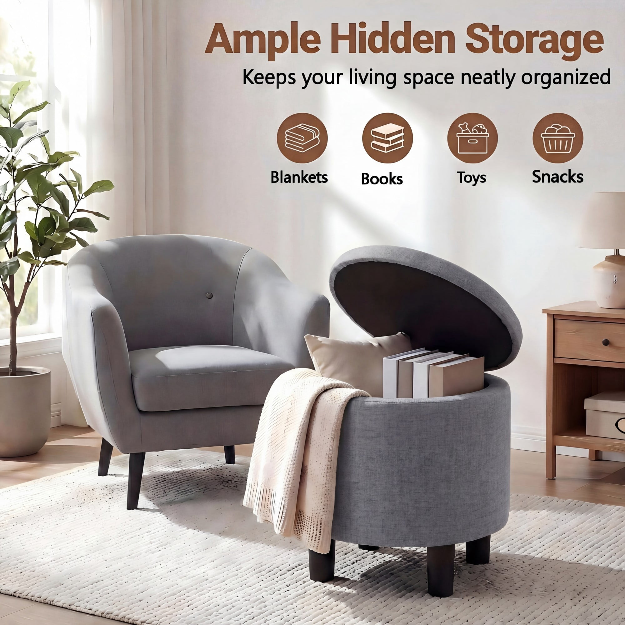 ELLEGNT Round Ottoman with Storage - Removable Lid, Linen Fabric Footrest Stool for Living Room, Bedroom Gray