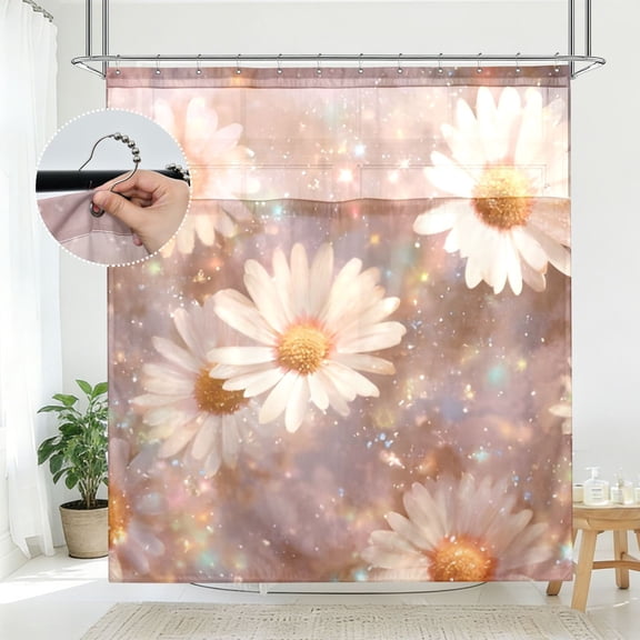 BZSMCE Sparkly Daisies Pattern Bathroom Shower Curtain Set with Hooks Waterproof Double Layer Fabric 72×78 Inch