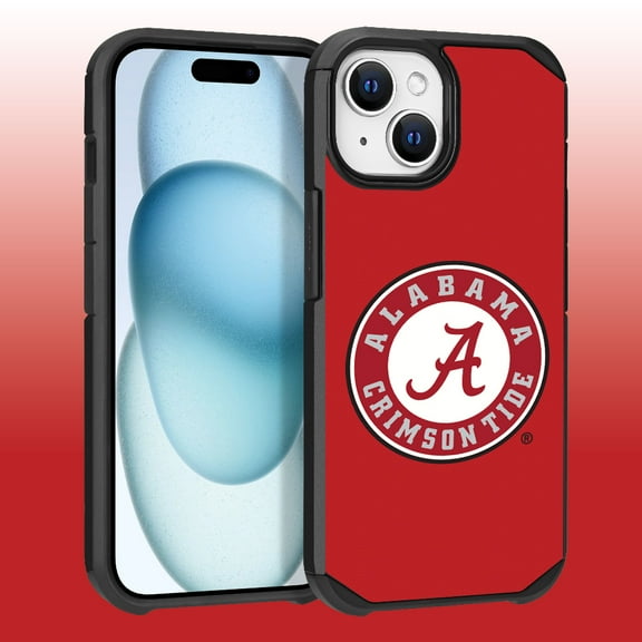 Apple iPhone 15 (6.1) / iPhone 14 (6.1) / iPhone 13 (6.1) - Licensed NCAA University of Alabama Crimson Tide Logo on Red Textured Dual Layer Case