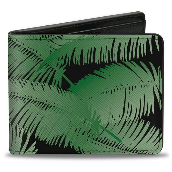 Buckle-Down Wallet, Bifold, Palm Fronds Stacked Black Greens, Vegan Leather