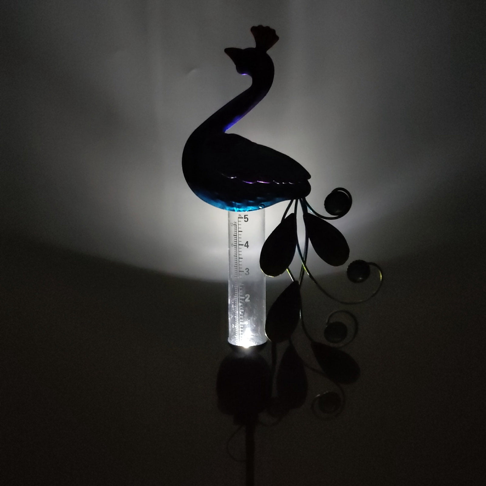 Hyasfey Solar Peacock Rain Gauge Outdoor Freeze-Proof Water Gauge Lighted Peacock Rainfall Indicator with Metal Stake for Garden Lawn Decor