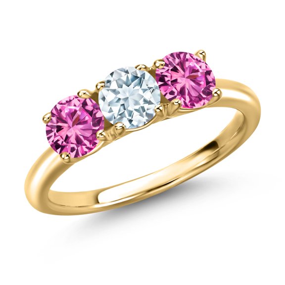Gem Stone King 18K Yellow Gold Plated Silver Sky Blue Aquamarine and Pink Created Sapphire Engagement Ring for Women | 1.60 Cttw | Round 5MM | Gemstone March Birthstone | Size 8