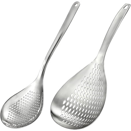 2 Pack Skimmer Slotted Spoon, 13.6 Inch Large Stainless Steel Skimmer Ladle Spoon Spider Strainer with Handle and Hanging Holes, Fryer Scoop Kitchen Colander for Cooking, Draining and Frying
