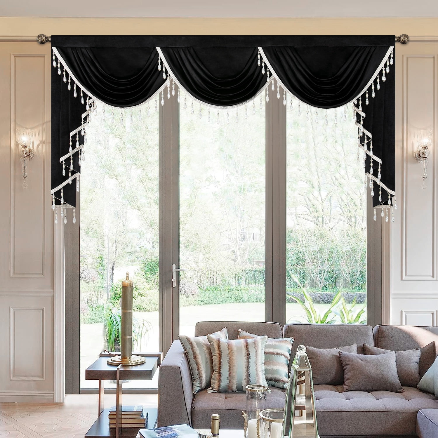 VOGOL Vintage Valances for Bedroom, Soft Velvet Swag Curtains with Tassels for Living Room, Rod Pocket Waterfall Valance for Banquet, Black, 79 inch Wide, 1 Panel