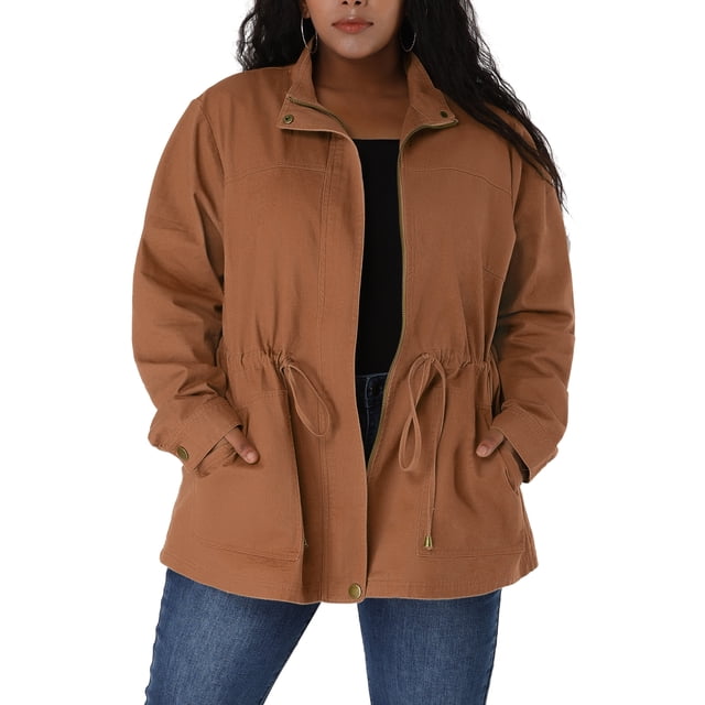 Women's Plus Size Stand Collar Drawstring Utility Jacket Brick Red 4X