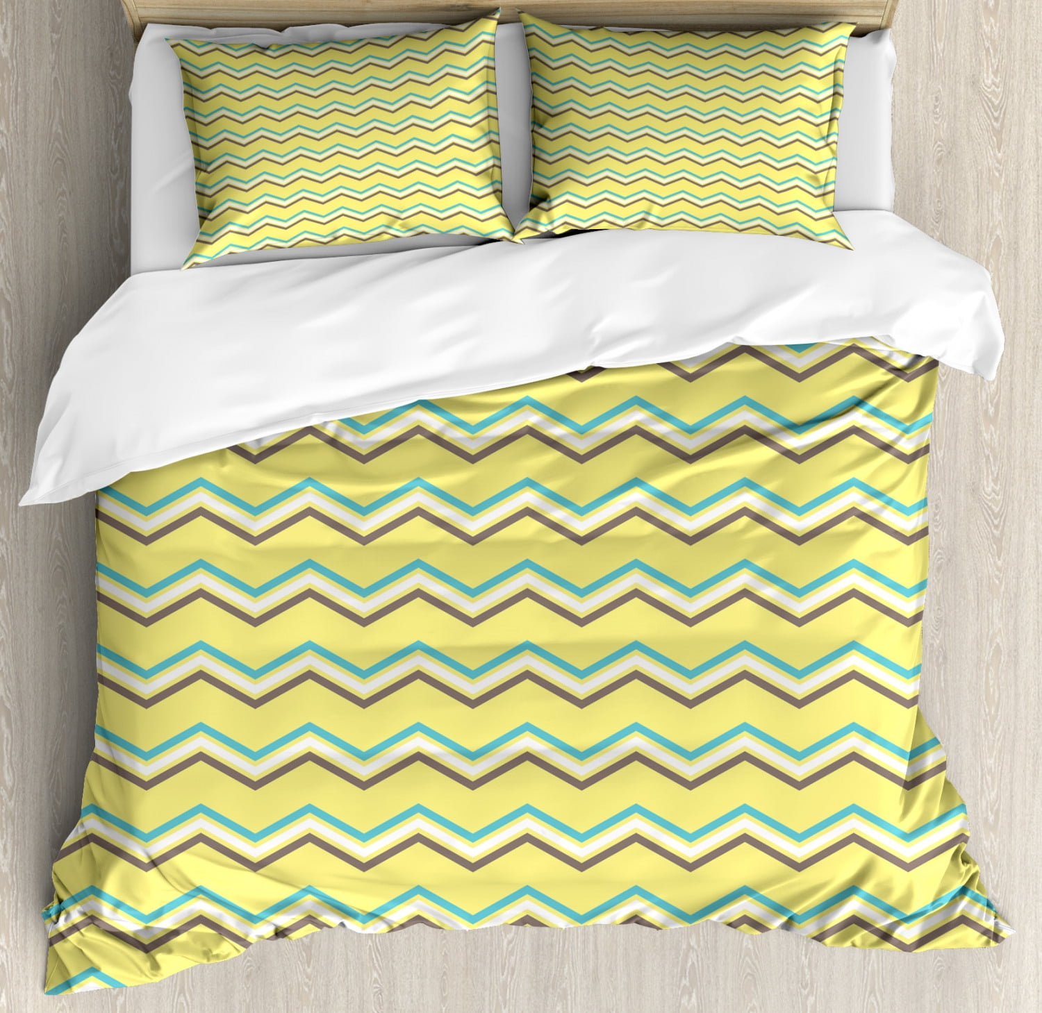 Yellow Chevron King Size Duvet Cover Set, Zigzag Lines in Horizontal