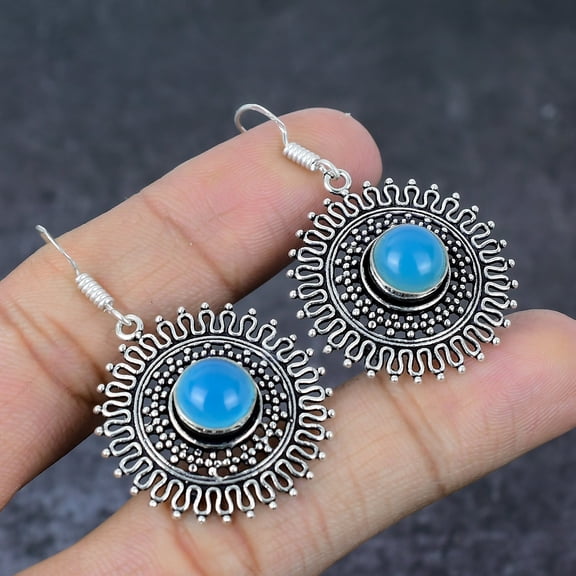 Natural Aqua Chalcedony Gemstone Handmade 925 Sterling Silver Earring 2"