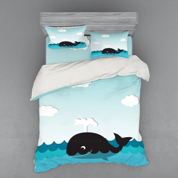 Ambesonne Nature Bedding Set 4 Pcs, Whale in Wavy Ocean, Queen, Black and Blue