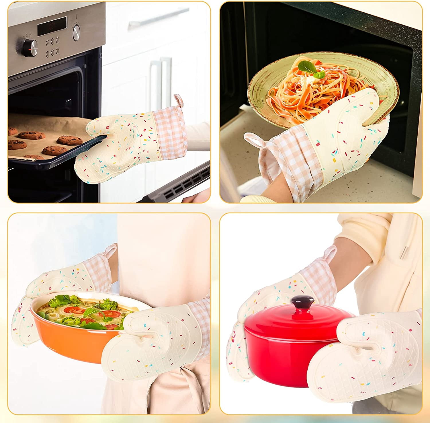 Set of 2 Silicone Oven Mitts Waterproof Shell Oven Mitts for Kitchen for Heat Resistant 500 Degrees Washable Kitchen Mittens with Cotton Lining for Cooking Baking BBQ Grilling Microwave