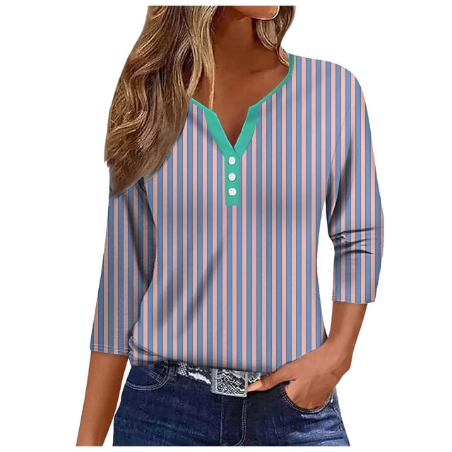 GYUJNB 3/4 Length Sleeve Womens Tops Button Down Summer Henley Neck T Shirts Plus Size Blouses