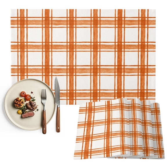 Burnt Orange Plaid Placemats Set of 2, Gingham Check Minimalist Grid Farmhouse Washable Wipeable Table Mats for Dining Tables, Indoor Outdoor Kitchen Place Mats for Holiday Party Table Decor
