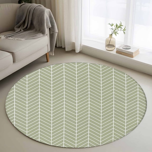 Round Area Rug 4 Ft, Sage Green Geometric Washable Non-Slip Circle Carpet for Living Room/Bedroom, Minimalism Solid Color Striped Lines Low-Profile Crawling Mats Collection Rugs for Indoor