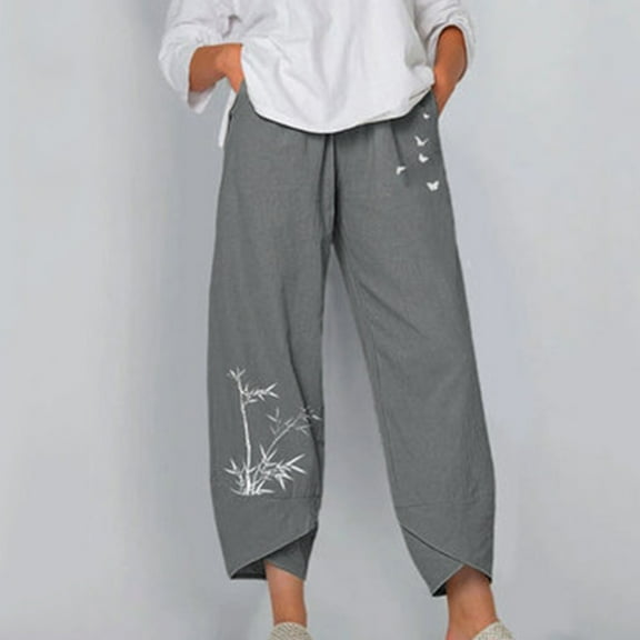 Fashion Clearance!Tejiojio Women Clothes Wholesale Women Lady Petite Pocket Flowers Print Elastic Waist Wide Leg Pants Trousers