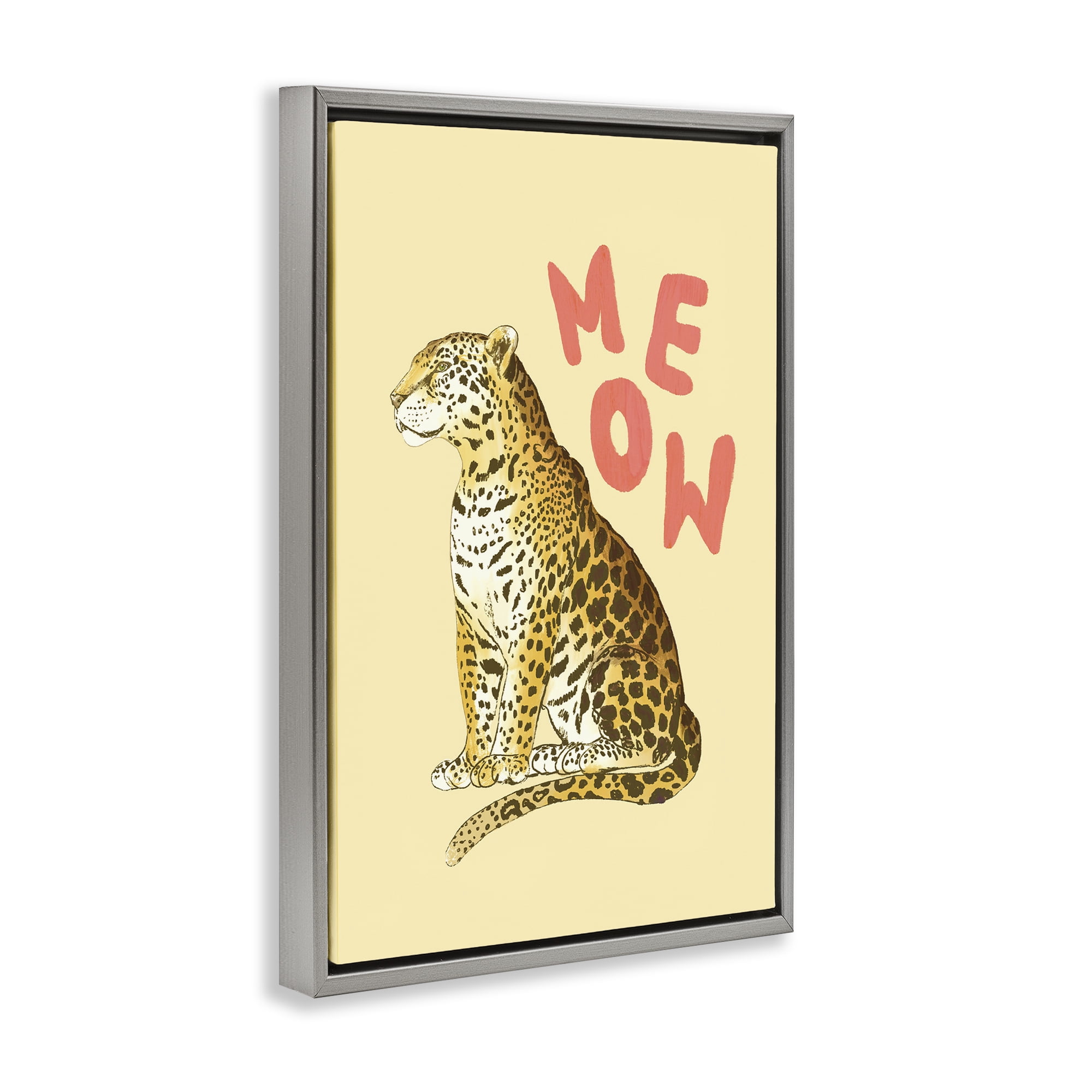 Stupell Industries Meow Leopard on Yellow Gray Framed Floater Canvas Wall Art, design by Florentina Dolci